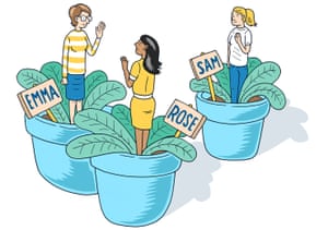 three friends who look like flowers standing in pots