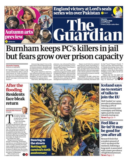 Front page of the Guardian 31 August 2026