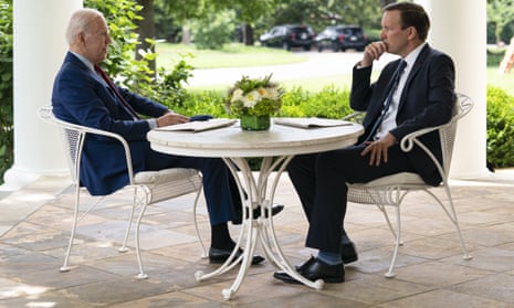 President Joe Biden meets with Senator Chris Murphy about gun control outside the Oval Office of the White House, on 7 June.