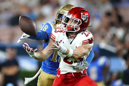 UCLA defensive back Rodrick Pleasant breaks up a pass intended for Utah’s Devin Green during the teams’ meeting at the Rose Bowl in August 2025.