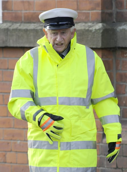 Robert Fyfe as the school crossing patrol officer Malcolm Lagg, filming for Coronation Street, 2012.