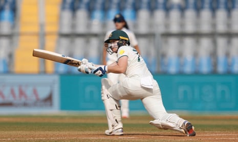 Alyssa Healy plays a shot on day three of the women's Test between India and Australia