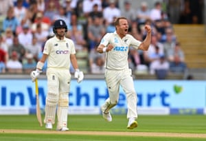 Neil Wagner celebrates after taking the wicket of England batsman Zac Crawley.