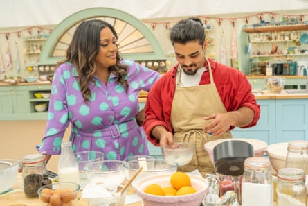 Bachelet with co-host Alison Hammond in the Great British Bake Off.