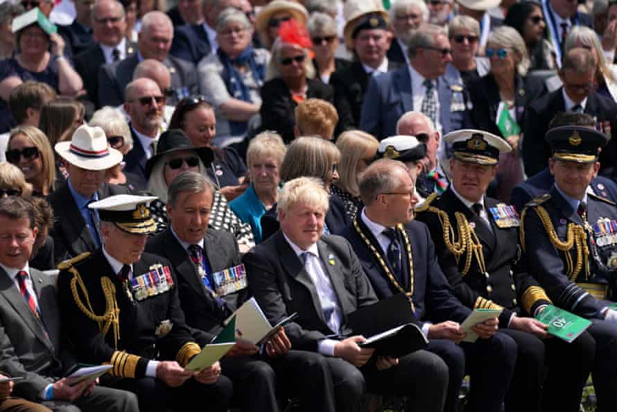 Boris Johnson with veterans, civilians and bereaved family members at a service to mark the 40th anniversary of the liberation of the Falkland Islands at the National Memorial Arboretum in Alrewas, Staffordshire.