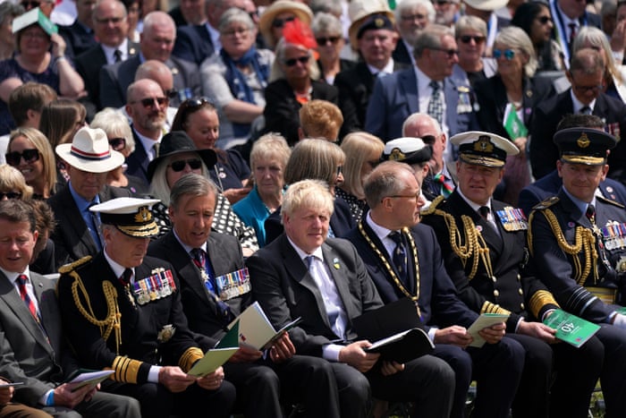 Boris Johnson with veterans, civilians and bereaved family members at a service to mark the 40th anniversary of the liberation of the Falkland Islands at the National Memorial Arboretum in Alrewas, Staffordshire.