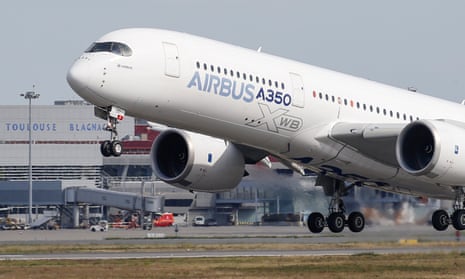 An Airbus A350 takes off at the aircraft builder’s headquarters in Colomiers near Toulouse, France.