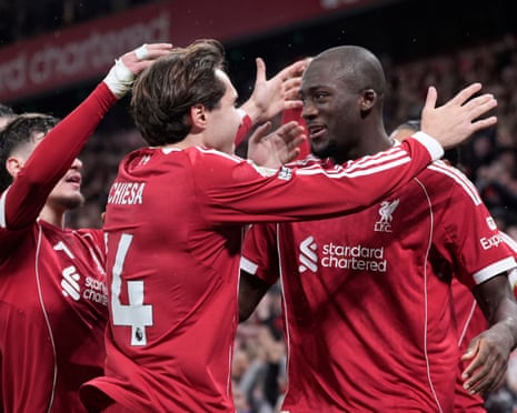 Liverpool's Ibrahima Konate celebrates scoring their side's fourth goal.