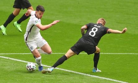 Declan Rice gets the better of Toni Kroos. The West Ham midfielder’s frugal use of the ball was crucial to England’s success.