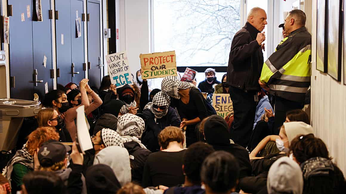 Students protest outside the office of the dean of students at Boston University on 3 April 2025.
