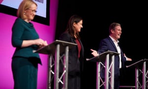 From left, Rebecca Long-Bailey, Lisa Nandy and Keir Starmer at the Guardian hustings in Manchester (Picture: Christopher Thomond/the Guardian)