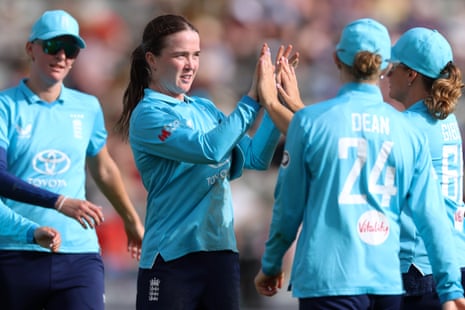 Mady Villiers of England celebrates taking the wicket of Orla Prendergast of Ireland, caught by Maia Bouchier.