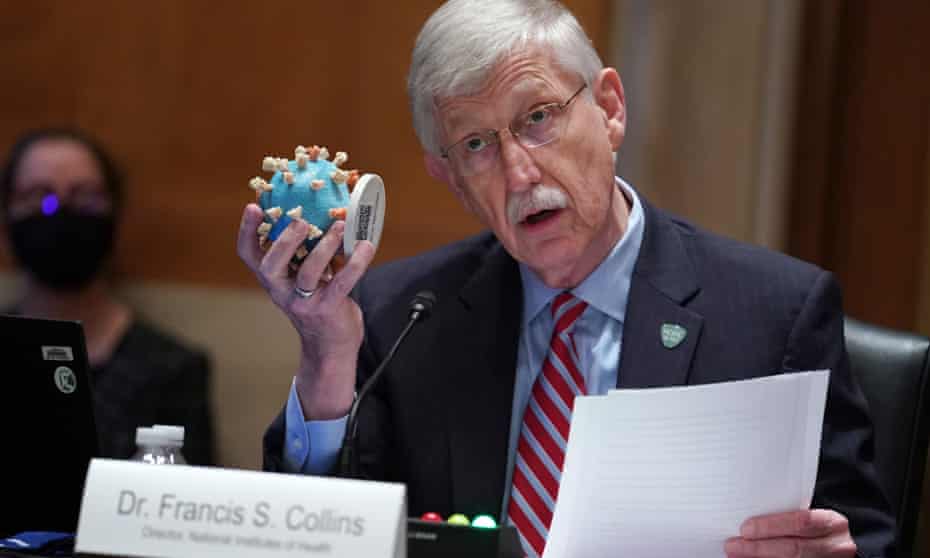 NIH director Francis Collins holds up a model of the coronavirus as he testifies before a Senate appropriations subcommittee on Capitol Hill on 26 May 2021.