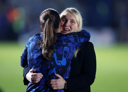 Chelsea manager Emma Hayes celebrates with Guro Reiten after the 8-0 win against Bristol City.