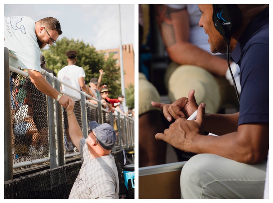Left: Gallaudet University alumni reconnect during the game. Right: Coach Stephen Healy talks to players off the field.