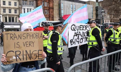 Transgender rights counter-protesters disrupting a demonstration by Let Women Speak in Edinburgh.