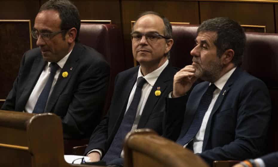 Three of the jailed Catalan MPs, (from left) Josep Rull, Jordi Turull, and Jordi Sànchez