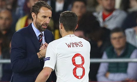 England’s manager Gareth Southgate congratulates Harry Winks, who was winning only his second cap, after replacing him in injury time of the win against Spain.