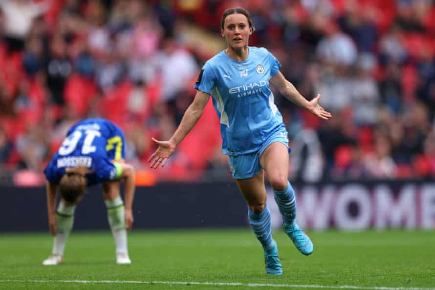 Manchester City’s Hayley Raso celebrates after scoring her side’s second goal to put them back on level terms.