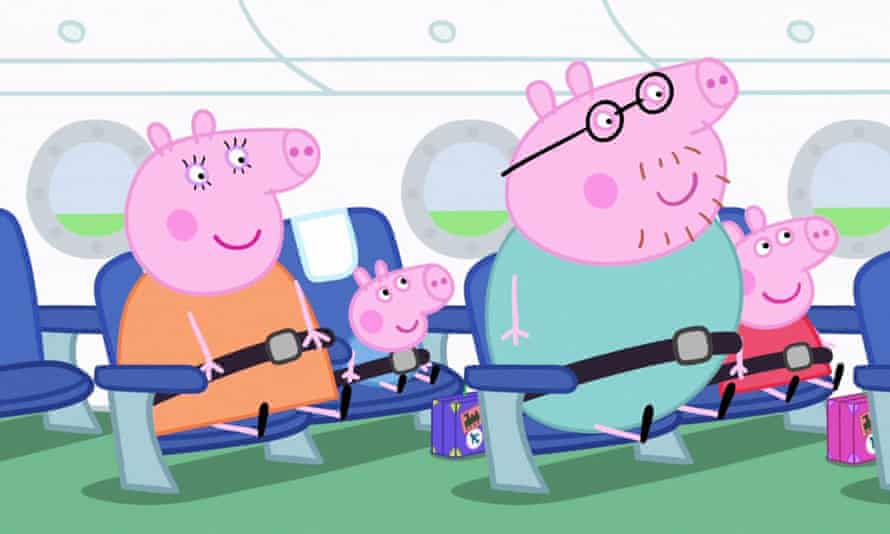 Pigs might fly … Mummy Pig – porcine protector, with George Pig, Daddy Pig in an episode of Peppa Pig, 2016.