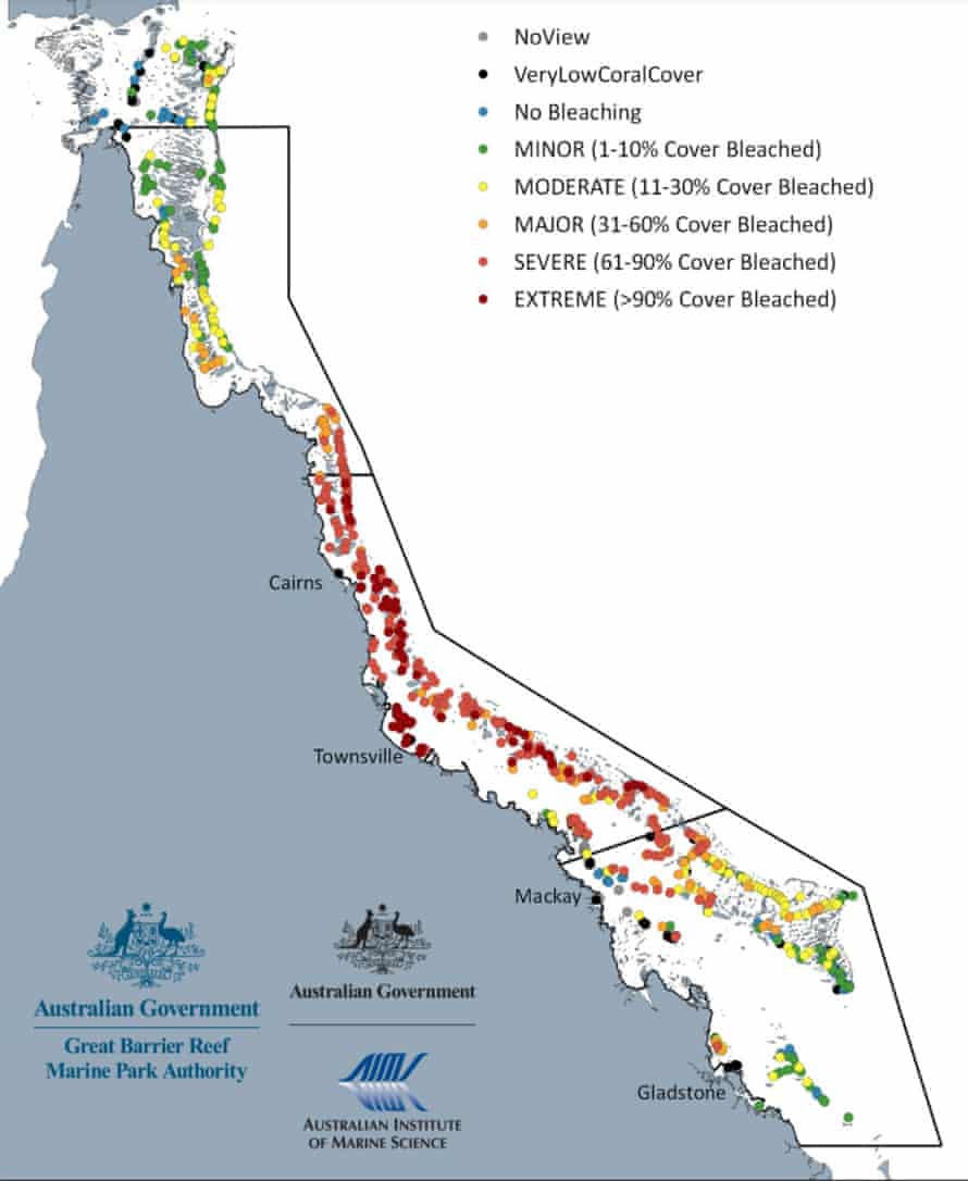 Map of 2022 aerial survey observations of reef community coral bleaching throughout the Great Barrier Reef after the final heatwave from 12-23 March 2022