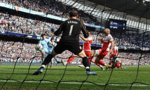 Paddy Kenny is powerless to stop Sergio Agüero scoring the goal that gave Manchester City the league title in 2012