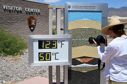 A thermometer at the Furnace Creek visitor center in Death Valley on 6 June.