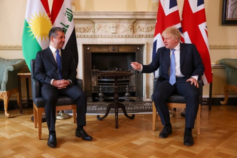The prime minister of Kurdistan region, Masrour Barzani (left), meeting Boris Johnson in Downing Street this morning