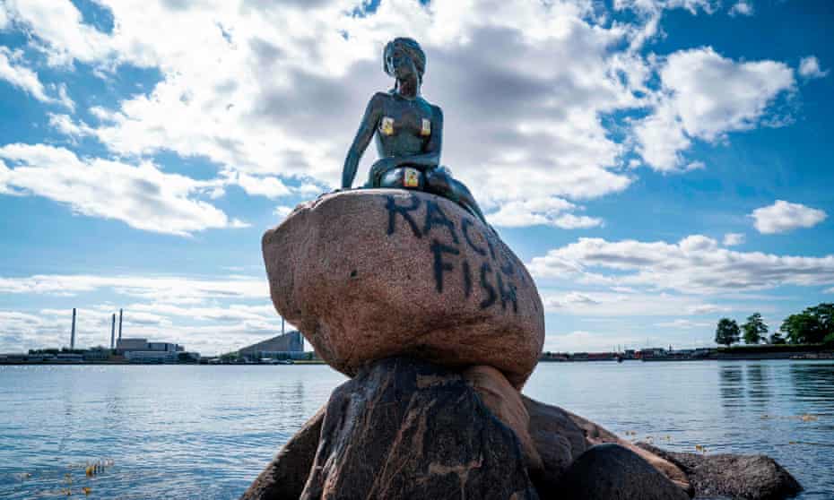 The vandalised Little Mermaid sculpture in Copenhagen