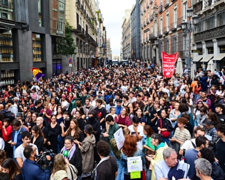 Tenants and housing activists gather outside the Congress of Deputies in Madrid during a demonstration.