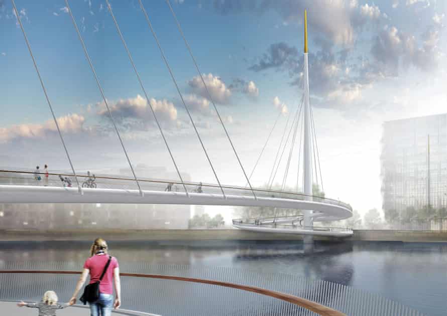 Single spiral … the bridge proposes to whisk people up in a cantilevered loop, with minimal impact on the existing river banks.