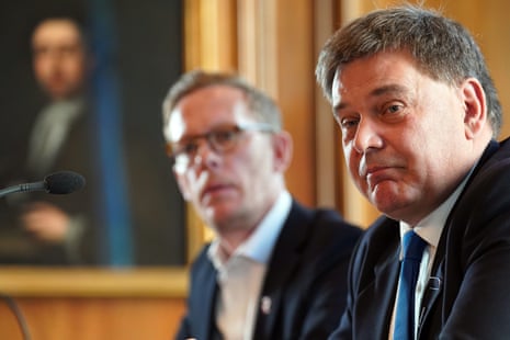 Andrew Bridgen (right) and Laurence Fox at a Reclaim party press conference in Westminster this morning.