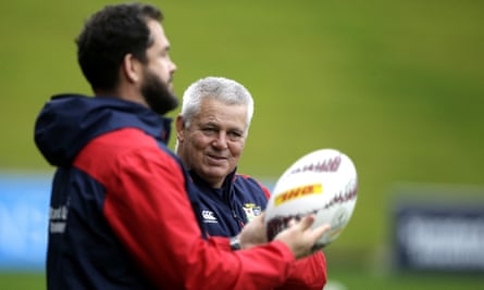 British and Irish Lions head coach Warren Gatland (right) talks to defensive coach Andy Farrell during training in Auckland in 2017