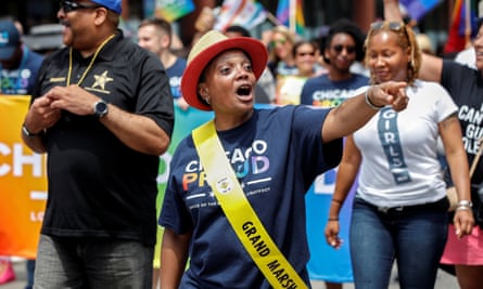 Chicago mayor Lori Lightfoot walks during the 50th annual Pride Parade in Chicago on 30 June.