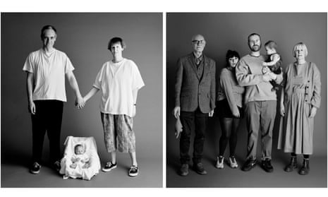 Frank and Sue, 36, with baby Eddie in 1991, left, and this year, now 66, with Eddie, 30, his partner and their baby.
