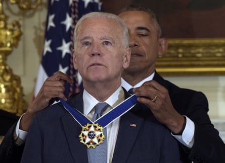 Barack Obama presents Joe Biden with the Presidential Medal of Freedom, at the White House in January 2017.
