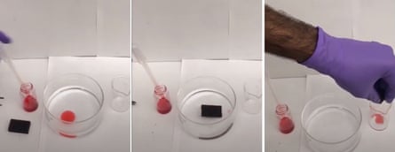 In lab demonstration, oil (red) is spread in water, the sponge absorbs it and then can be removed.
