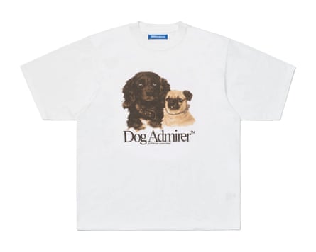 A white SCRT T-shirt. There are two illustrated dogs with the words ‘Dog Admirer’ beneath the image.