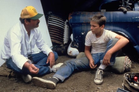 Rob Reiner and River Phoenix during the filming of Stand By Me