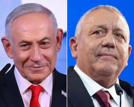 Israel prime minister Benjamin Netanyahu called for a ‘strong government of the right’ as rival Gadi Eisenkot said voters ‘decided in favour of change’ in the hours after polls closed. Composite: AFP and Getty Images