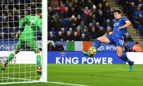 Harry Maguire of Leicester City scores the equaliser to make the final score 2-2.