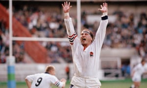 Brian Moore celebrates victory against France at the end of their quarter-final at Parc des Princes in Paris on 19th October, 1991.
