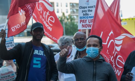 Unite members protest over NHS wages at the Royal London Hospital, August 2021