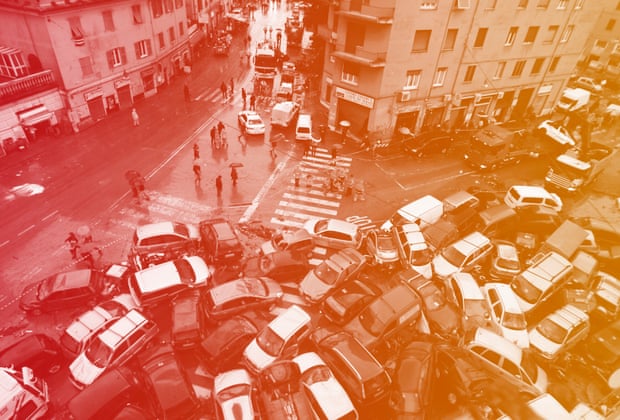 Cars swept into a pile by torrential rain in Genoa, Italy Saturday. Photograph: Antonio Calanni/AP 