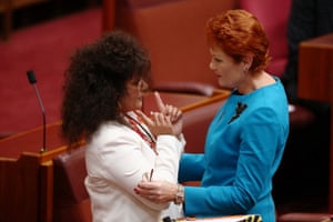 Queensland senator Pauline Hanson greets Northern Territory Labor senator Malarndirri McCarthy