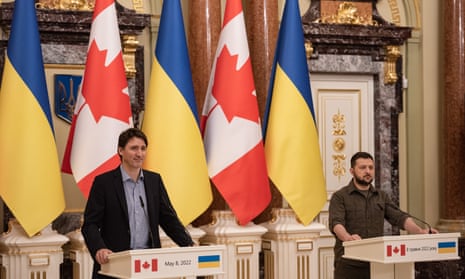 Canadian Prime Minister Justin Trudeau Meets With Zelensky In KyivKYIV, UKRAINE - MAY 08: Ukrainian President Volodymyr Zelensky (R) and Canadian Prime Minister Justin Trudeau hold a joint news conference on May 8, 2022 in Kyiv, Ukraine.