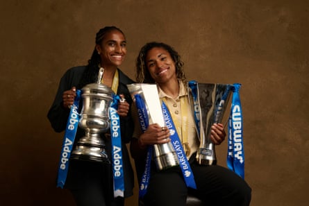 Naomi Girma and Catarina Macario of Chelsea airs for a photograph pinch nan Barclays Women’s Super League Trophy, nan Subway Women’s League Cup, and nan Adobe Women’s FA Cup