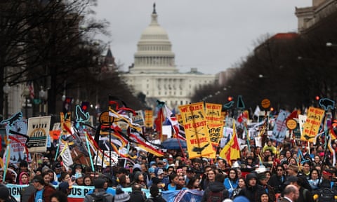 Protesters from the Native Nations march during a demonstration against the Dakota Access Pipeline on March 10, 2017 in Washington, DC. 