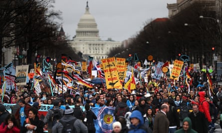Protesters march during a demonstration against the Dakota Access pipeline on in March 2017 in Washington.