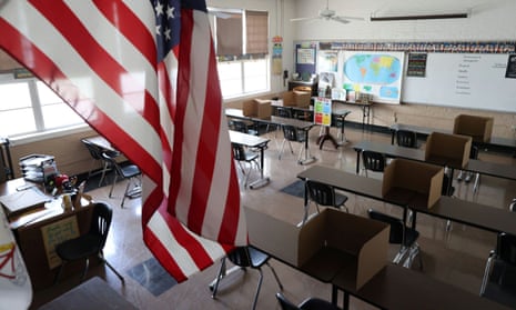 Social distancing dividers for students are seen in a classroom in Montebello, near Los Angeles, California.
